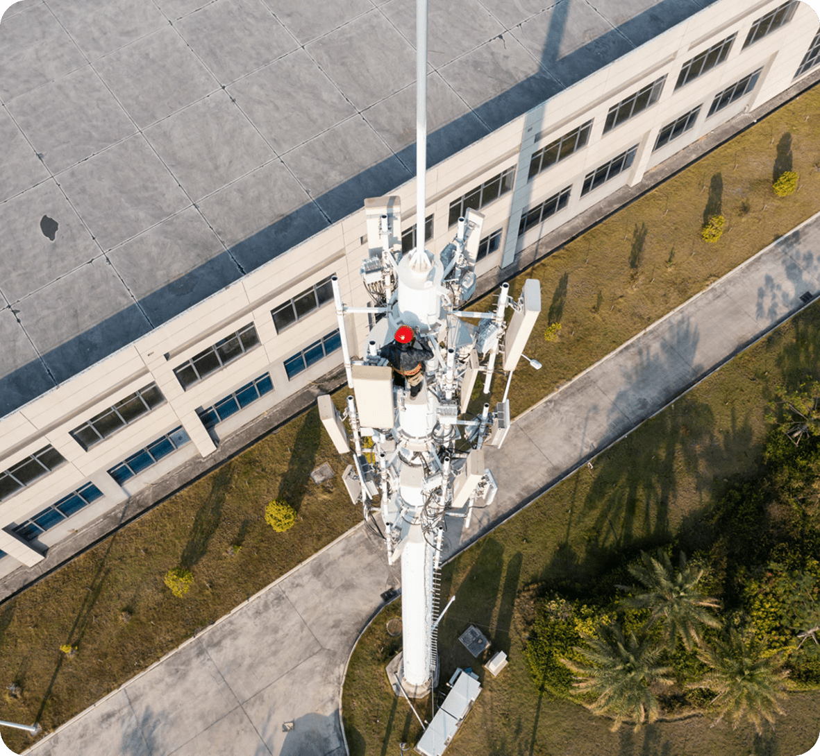 Aerial view of a communication tower.