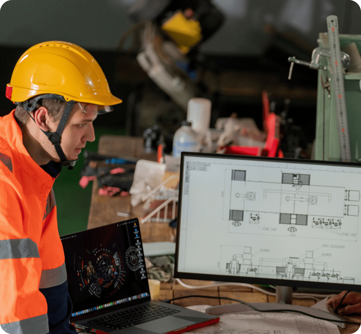 Engineer examining plans on computer screens.