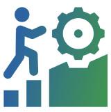 Person climbing steps towards a gear.