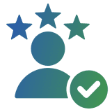 Person icon with stars and checkmark.